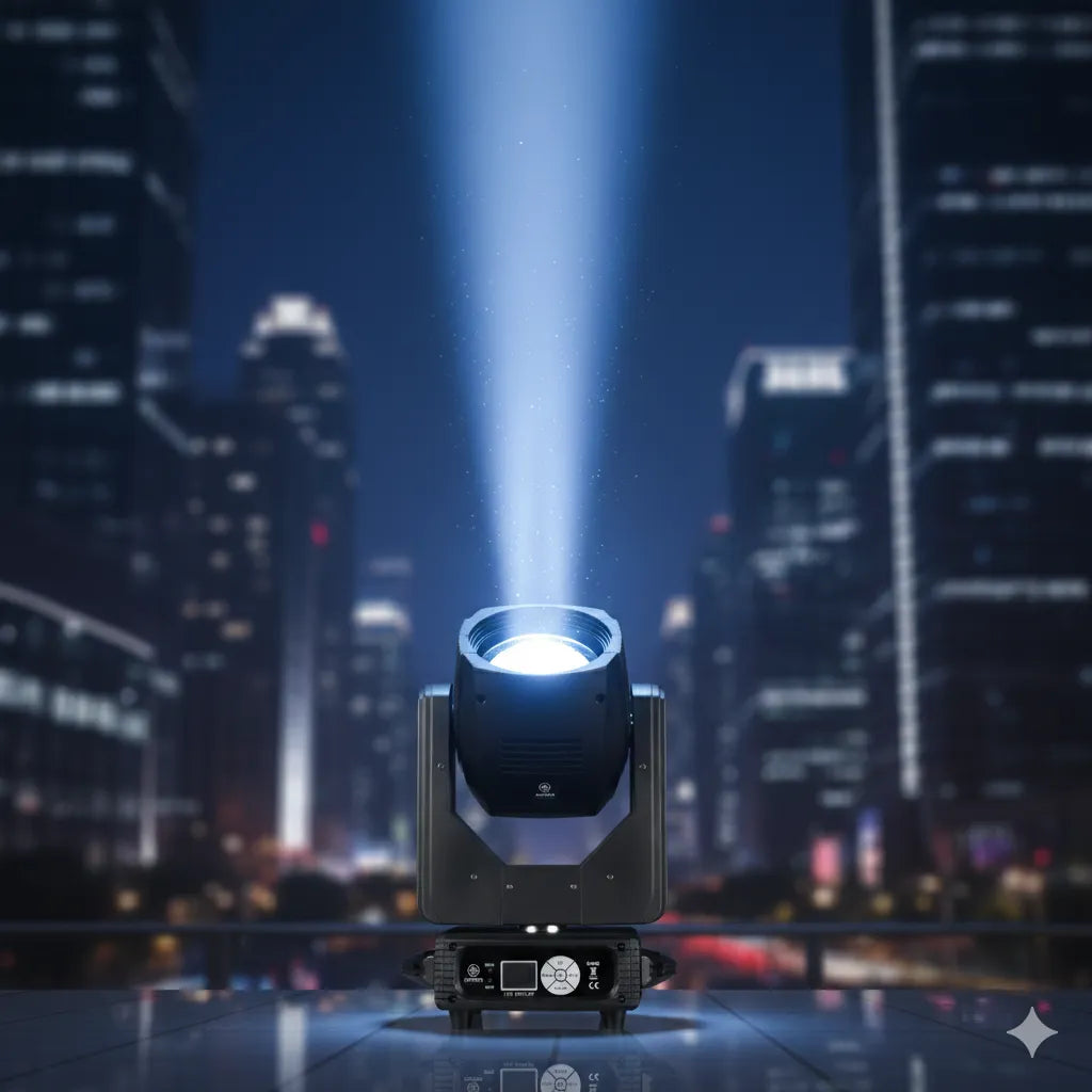 Cabeza móvil Aurora B295 con lámpara OSRAM de 295W proyectando haz de luz concentrado, serie Urban Style para iluminación profesional