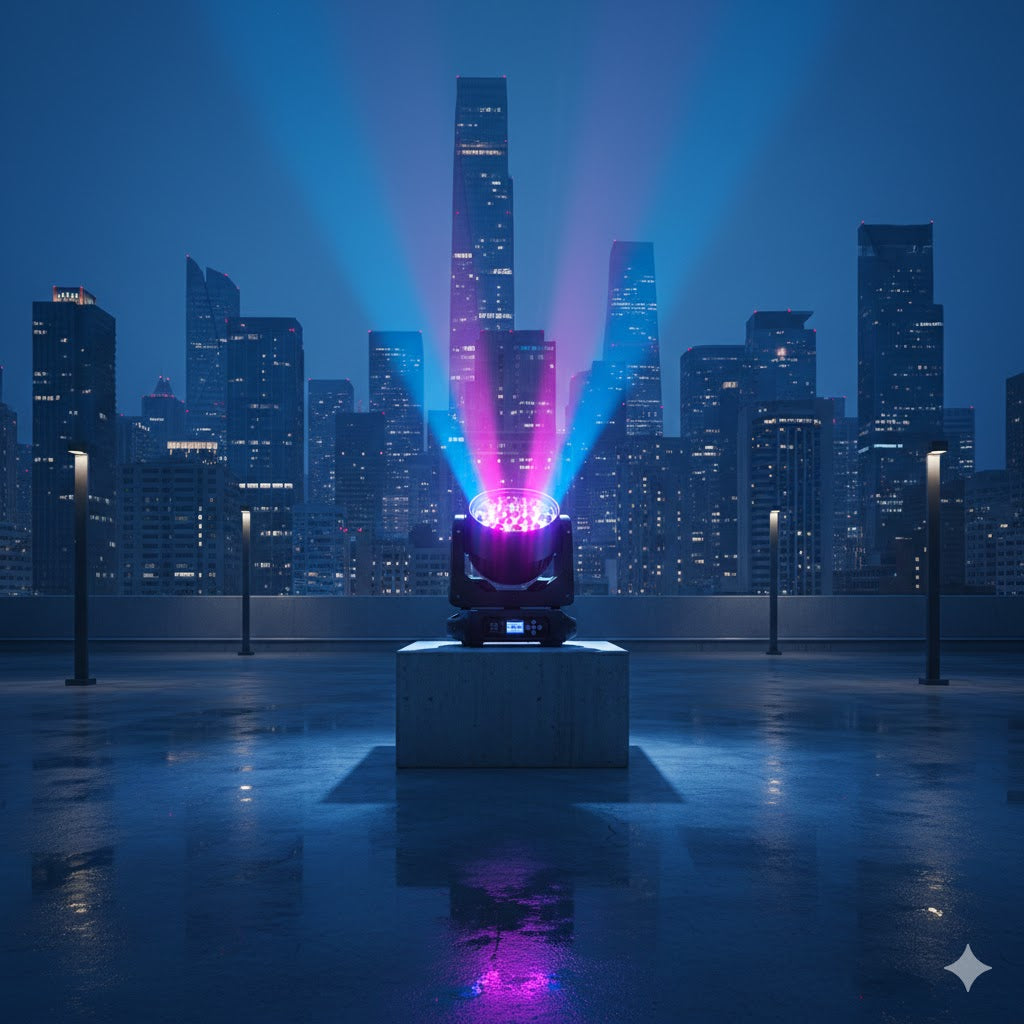 Cabeza móvil Aurora 1915 proyectando haces de luz azul y rosa frente a un paisaje urbano de rascacielos nocturnos.