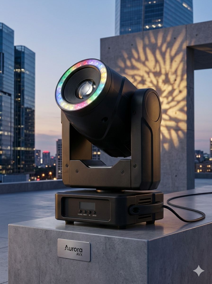Luminaria Aurora AVX S120 situada en una terraza moderna de ciudad, mostrando el anillo LED frontal multicolor encendido y proyectando un patrón de gobo cálido sobre una estructura de concreto al atardecer.