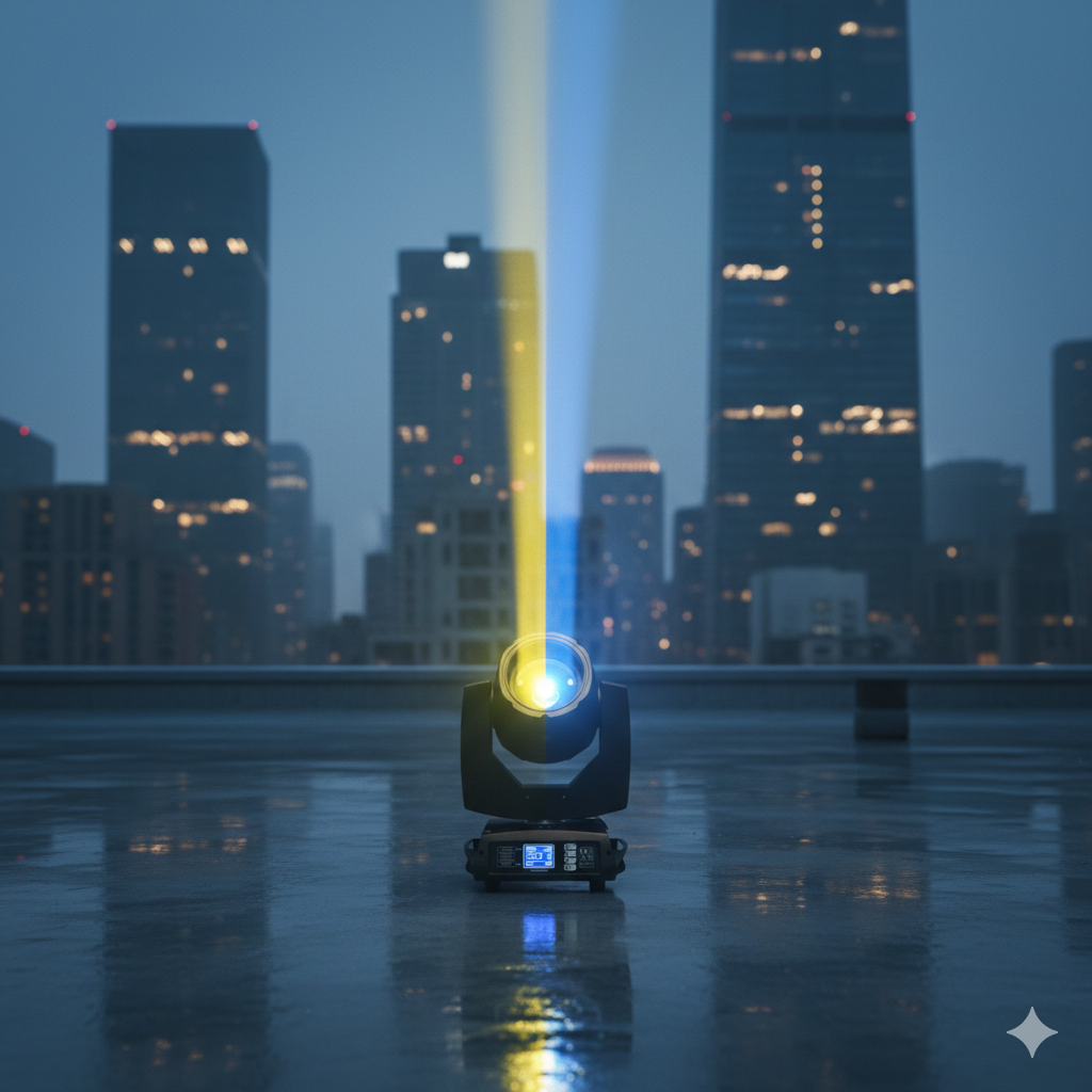 Cabeza móvil Aurora B231 Beam 7R 230W OSRAM situada sobre un fondo urbano nocturno, proyectando un potente haz de luz amarilla y azul.