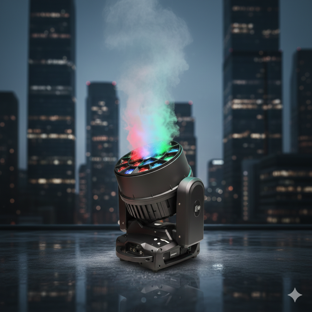Cabeza móvil Aurora M1915B Wash con Zoom motorizado situada sobre un entorno urbano nocturno, proyectando una mezcla de colores RGBW con efecto de humo.