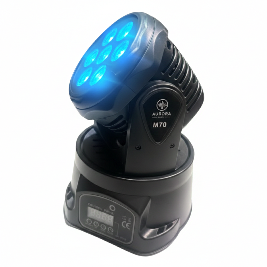 Cabeza móvil Aurora M70 Mini Wash configurada en color azul intenso, mostrando el panel de control digital frontal y su estructura compacta de alta resistencia.
