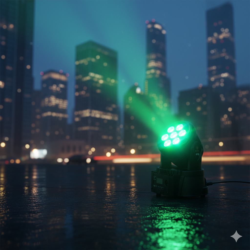 Vista de la cabeza móvil Aurora M70 Mini Wash proyectando un haz de luz verde vibrante con diseño de 7 lentes LED sobre un fondo urbano nocturno.