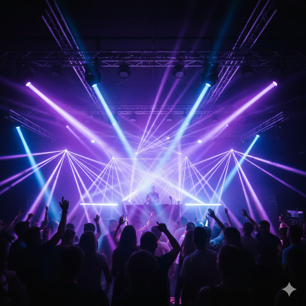 Efecto de iluminación profesional con la cabeza móvil Aurora M70 Mini Wash, creando una atmósfera inmersiva con haces de luz violeta y azul en un evento con DJ y público.