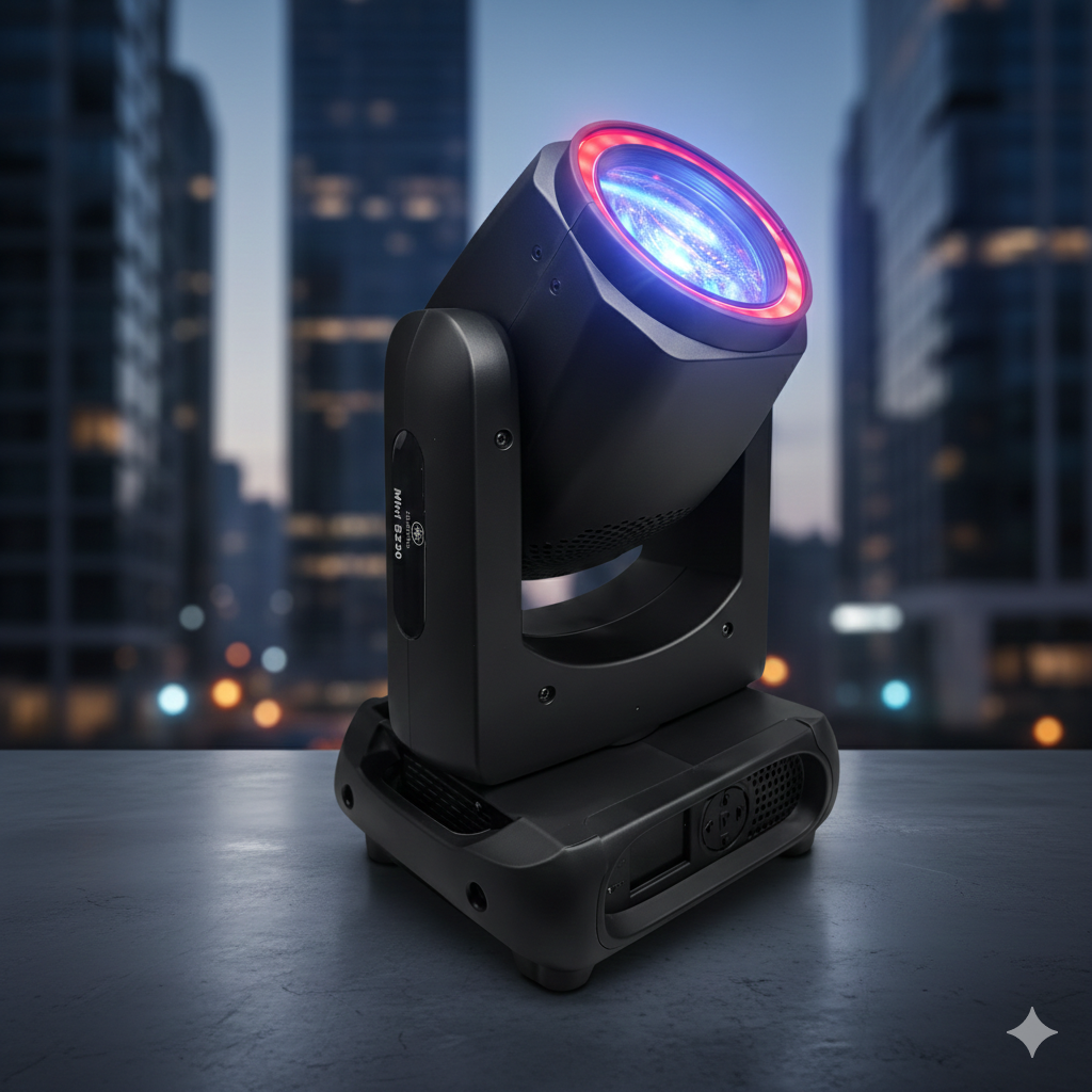 Vista frontal de la cabeza móvil Aurora Mini B230 Beam con el aro LED perimetral encendido en color rojo