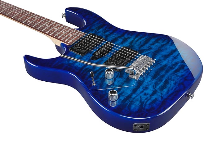 Ibanez GRX70QAL-TBB Transparent Blue Burst · detalle frontal del cuerpo